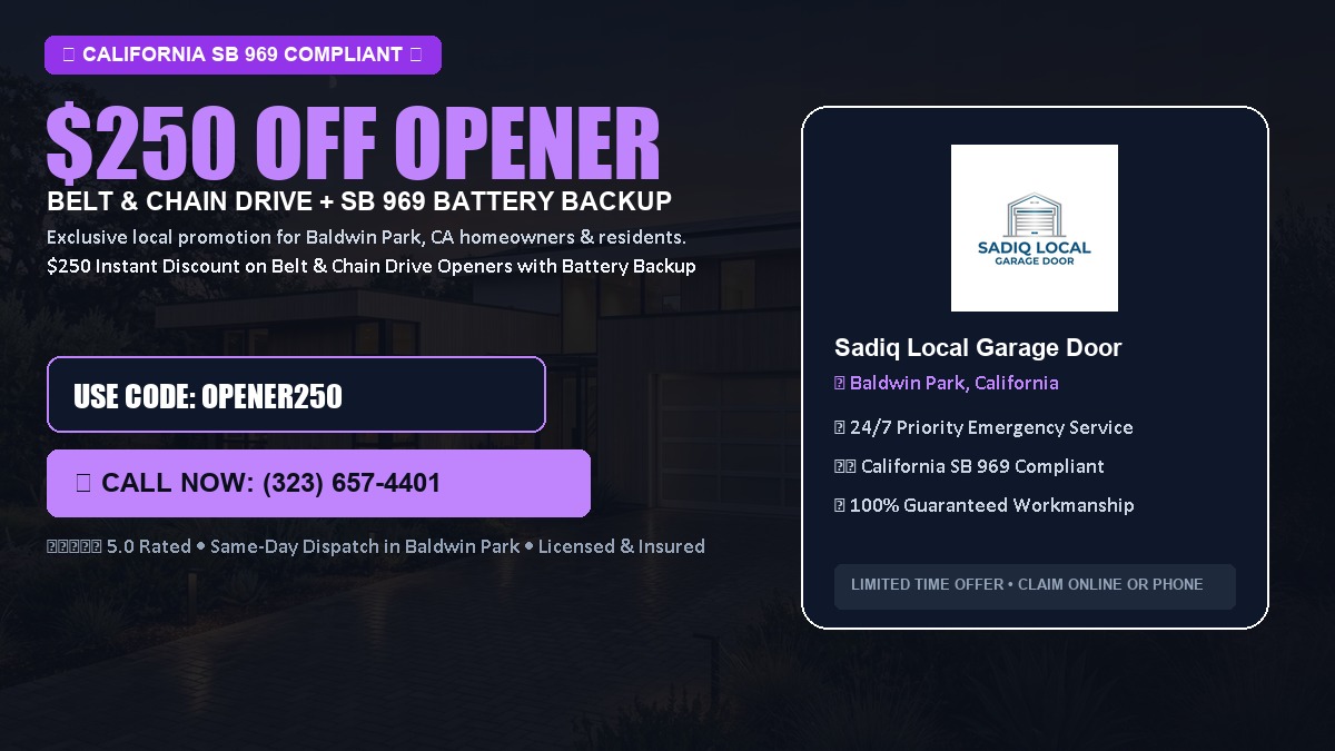 $250 OFF Smart Garage Door Opener Installation (Belt & Chain Drive with California SB 969 Battery Backup) in Baldwin Park, CA
