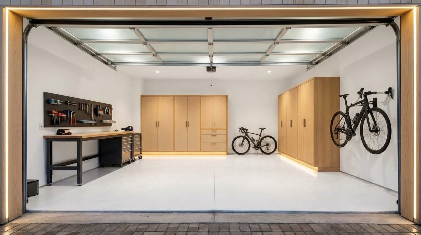 Sadiq Local Garage Door Interior View of Custom Garage Door Overhead and Workshop